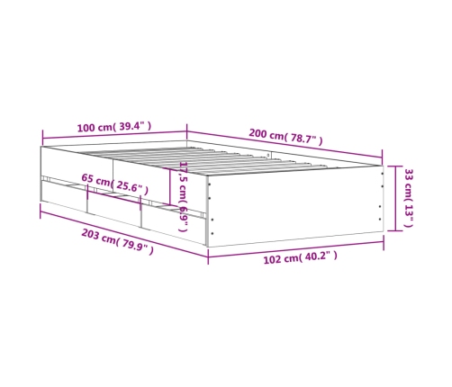 Cama con cajones madera de ingeniería roble ahumado 100x200 cm