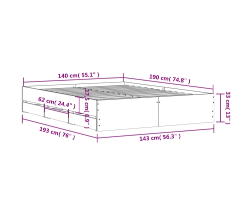 Cama con cajones madera ingeniería gris Sonoma 140x190 cm