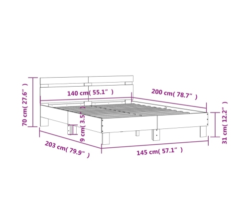 Cama con cabecero madera de ingeniería gris hormigón 140x200 cm