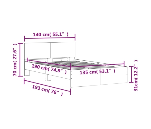 Estructura de cama con cabecero roble ahumado 135x190 cm