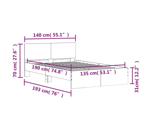 Estructura de cama con cabecero marrón roble 135x190 cm