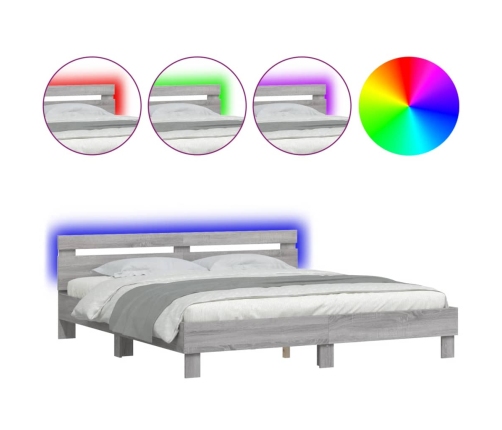 Estructura de cama cabecero y luces LED gris Sonoma 200x200 cm