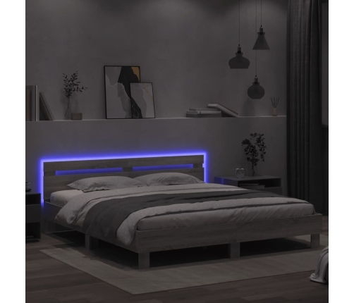 Estructura de cama cabecero y luces LED gris Sonoma 200x200 cm