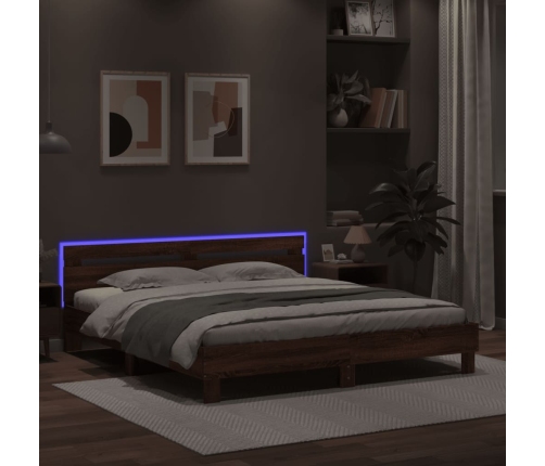 Estructura de cama cabecero y luces LED marrón roble 200x200 cm