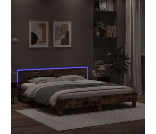 Estructura de cama cabecero y luces LED roble ahumado 180x200cm