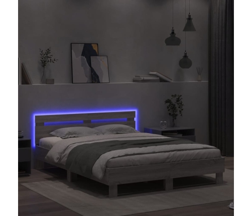 Estructura de cama cabecero y luces LED gris Sonoma 150x200 cm