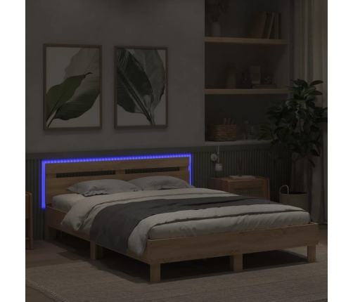 Estructura de cama cabecero y luces LED roble Sonoma 140x200 cm