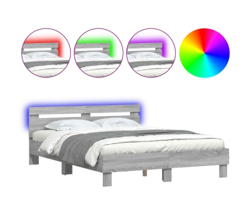 Estructura de cama cabecero y luces LED gris Sonoma 140x200 cm