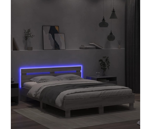 Estructura de cama cabecero y luces LED gris Sonoma 140x200 cm