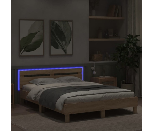 Estructura de cama cabecero y luces LED roble Sonoma 140x190 cm