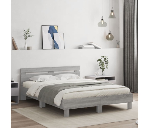 Estructura de cama cabecero y luces LED gris Sonoma 140x190 cm