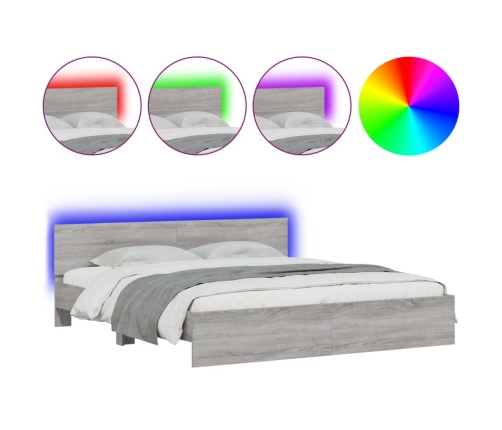 Estructura de cama cabecero y luces LED gris Sonoma 200x200 cm