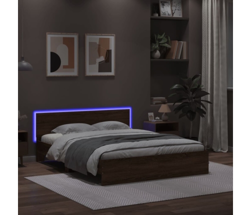 vidaXL Estructura de cama cabecero y luces LED marrón roble 160x200 cm