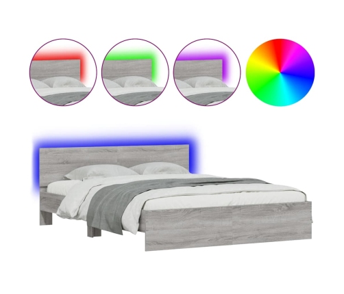 Estructura de cama cabecero y luces LED gris Sonoma 150x200 cm