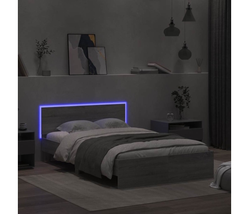 Estructura de cama cabecero y luces LED gris Sonoma 140x200 cm