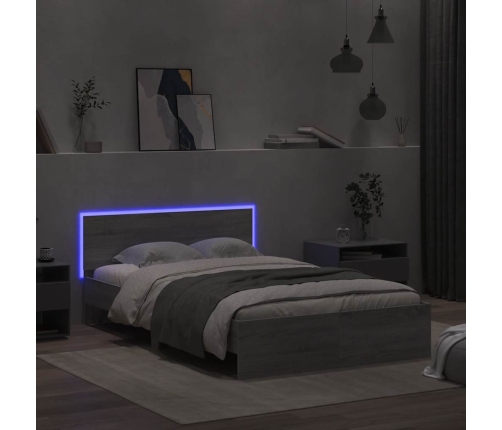 Estructura de cama cabecero y luces LED gris Sonoma 140x190 cm