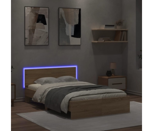 Estructura de cama cabecero y luces LED roble Sonoma 135x190 cm