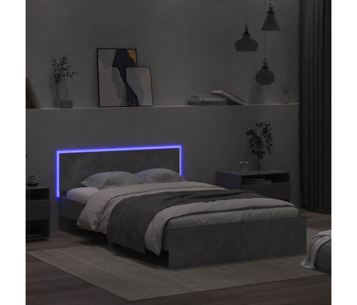 Estructura de cama cabecero y luces LED gris hormigón 135x190cm