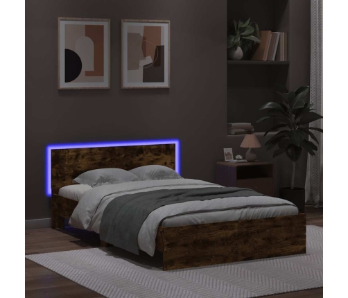 Estructura de cama cabecero y luces LED roble ahumado 135x190cm