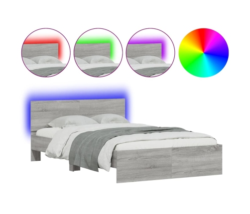 Estructura de cama cabecero y luces LED gris Sonoma 135x190 cm