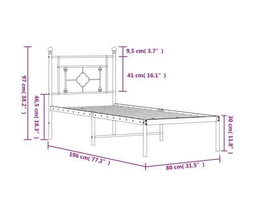 Estructura cama sin colchón con cabecero metal negro 75x190 cm