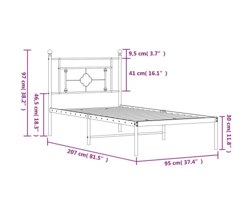 Estructura cama sin colchón con cabecero metal negro 90x200 cm