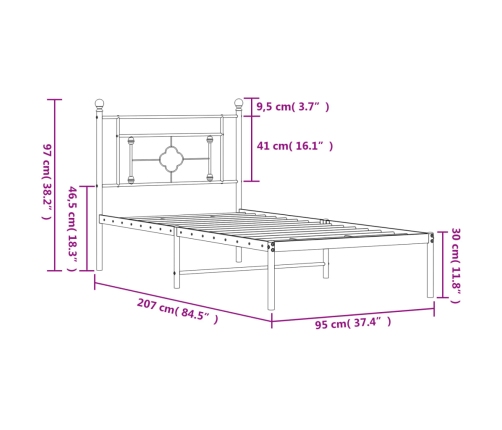 Estructura cama sin colchón con cabecero metal blanco 90x200 cm