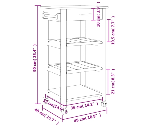 Carrito de cocina MONZA madera maciza de pino 48x40x90 cm