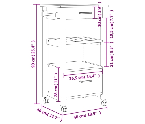 Carrito de cocina MONZA madera maciza de pino 48x40x90 cm