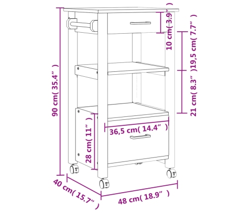 Carrito de cocina MONZA madera maciza de pino 48x40x90 cm