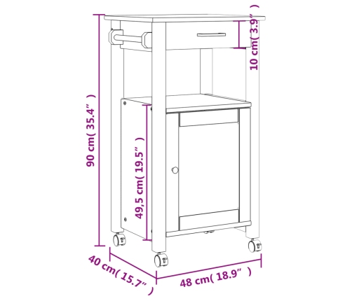 Carrito de cocina MONZA madera maciza de pino 48x40x90 cm