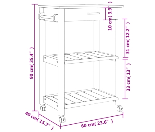 Carrito de cocina MONZA madera maciza de pino 60x40x90 cm