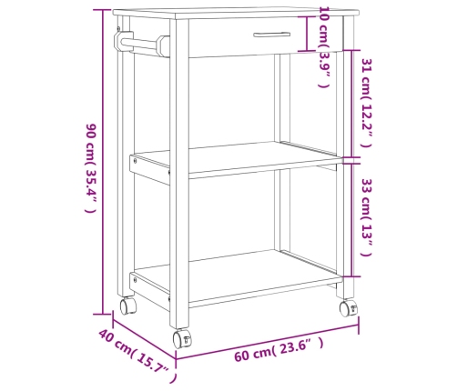 Carrito de cocina MONZA madera maciza de pino 60x40x90 cm