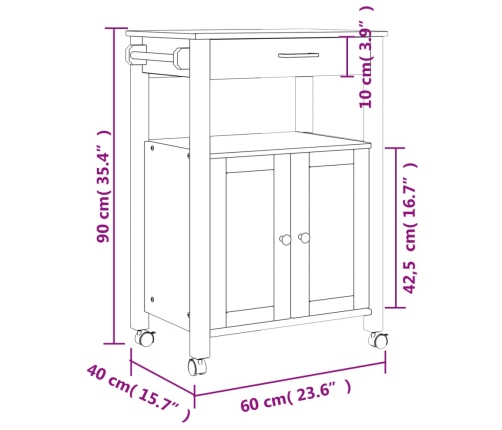 Carrito de cocina MONZA madera maciza de pino 60x40x90 cm