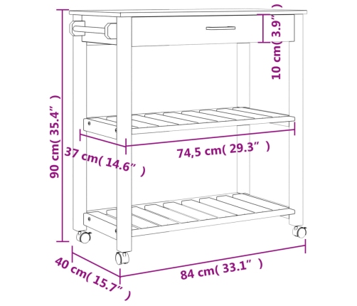 Carrito de cocina MONZA madera maciza de pino 84x40x90 cm