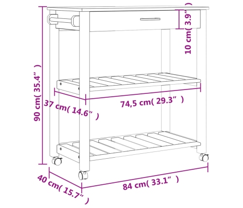 Carrito de cocina MONZA madera maciza de pino 84x40x90 cm