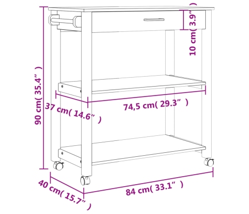 Carrito de cocina MONZA madera maciza de pino 84x40x90 cm