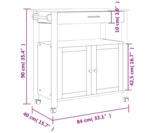 Carrito de cocina MONZA madera maciza de pino 84x40x90 cm