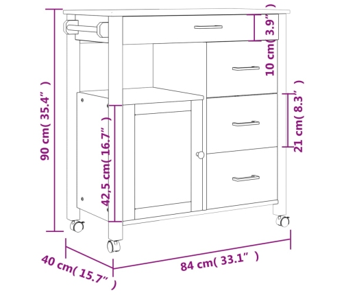 Carrito de cocina MONZA madera maciza de pino 84x40x90 cm