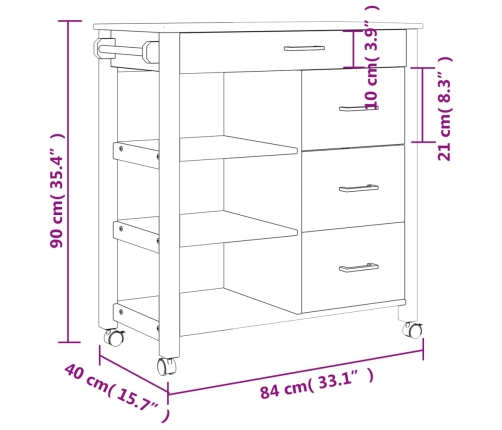 Carrito de cocina MONZA madera maciza de pino 84x40x90 cm