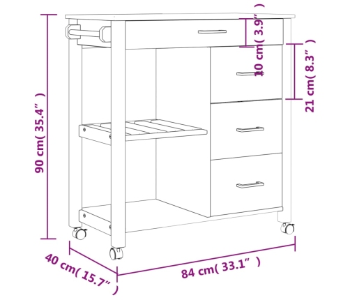 Carrito de cocina MONZA madera maciza de pino 84x40x90 cm