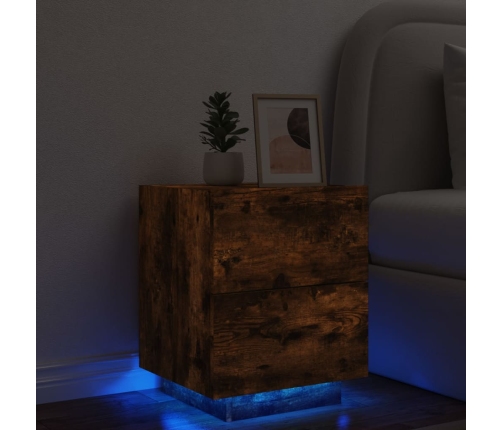 Mesita de noche con luces LED madera ingeniería roble ahumado