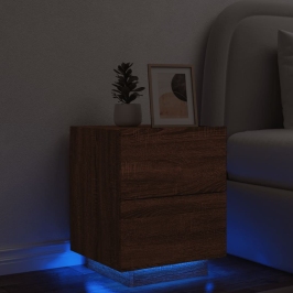 Mesita de noche con luces LED madera de ingeniería roble marrón