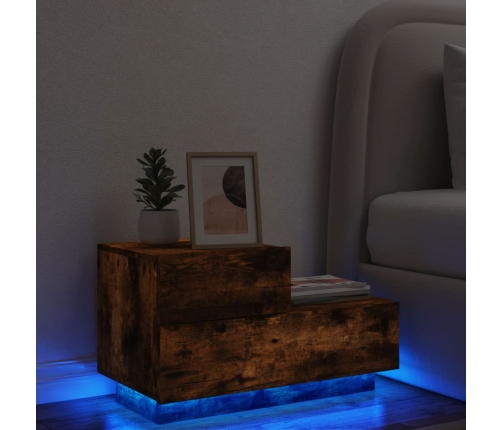 Mesita de noche con luces LED roble ahumado 70x36x40,5 cm