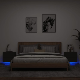 Mesitas de noche de pared con luces LED 2 unidades negro