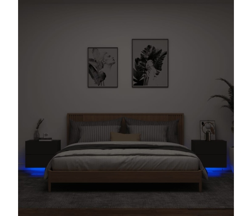 Mesitas de noche de pared con luces LED 2 unidades negro