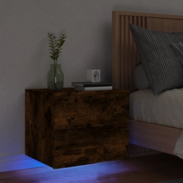 Mesita de noche de pared con luces LED roble ahumado