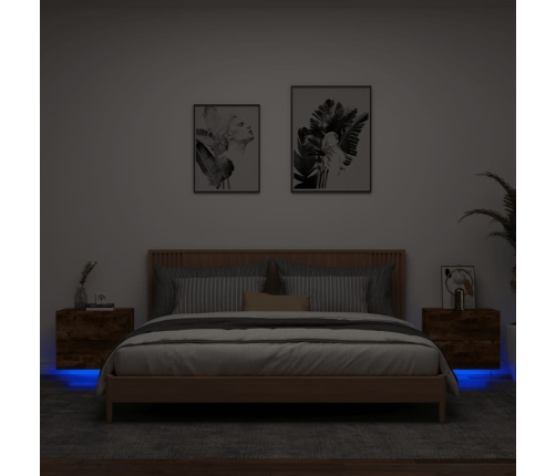 Mesitas de noche de pared con luces LED 2 uds roble ahumado