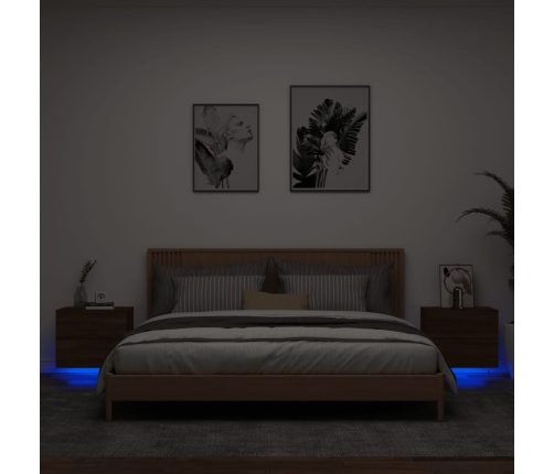 Mesitas de noche de pared con luces LED 2 unidades roble marrón