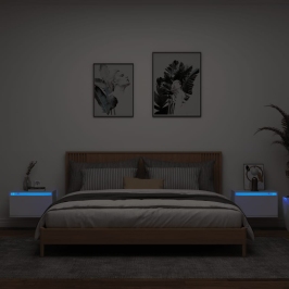 Mesitas de noche de pared con luces LED 2 unidades blanco